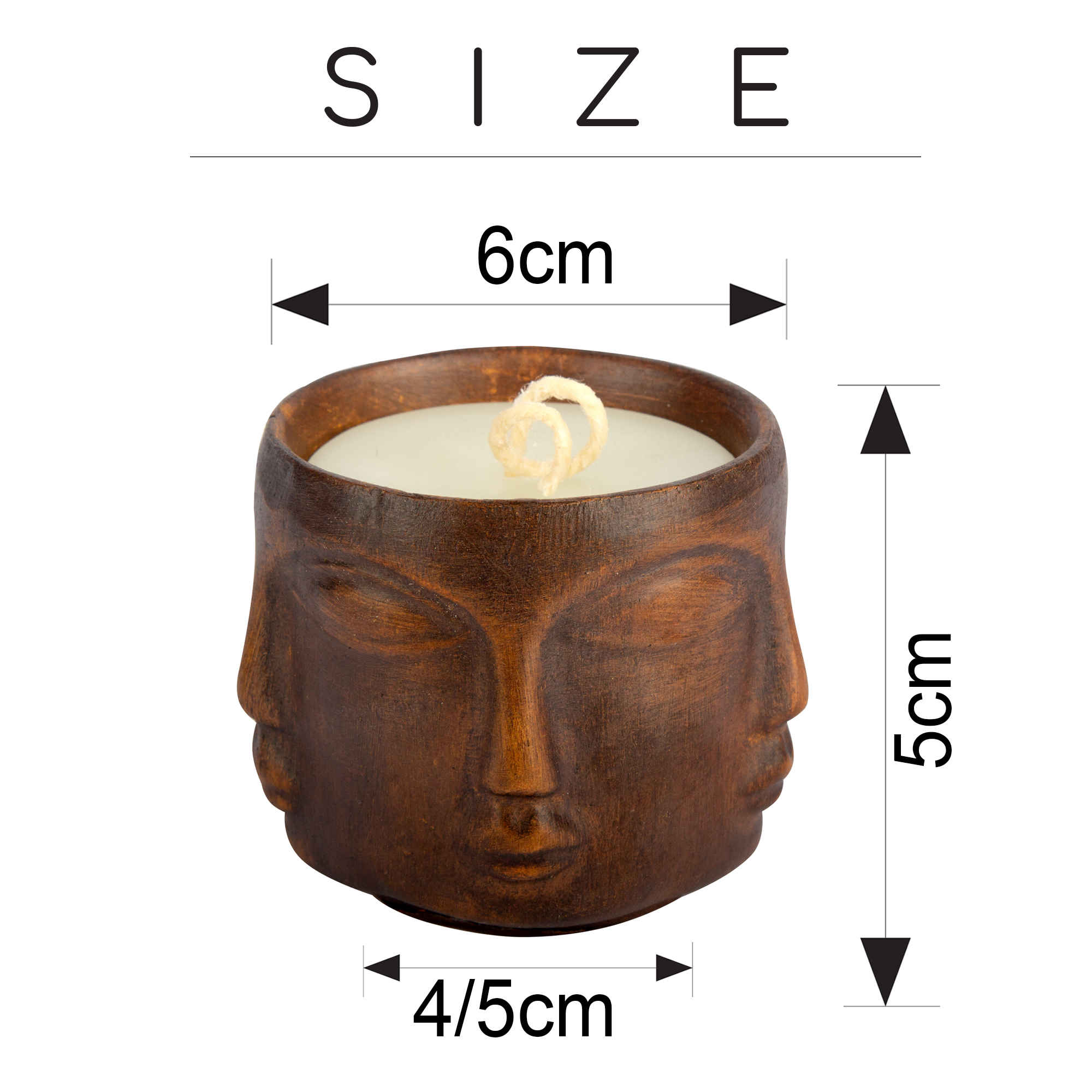 Bougie Décorative en Pot Bois, Durable et Style Rustique avec Motif Visage