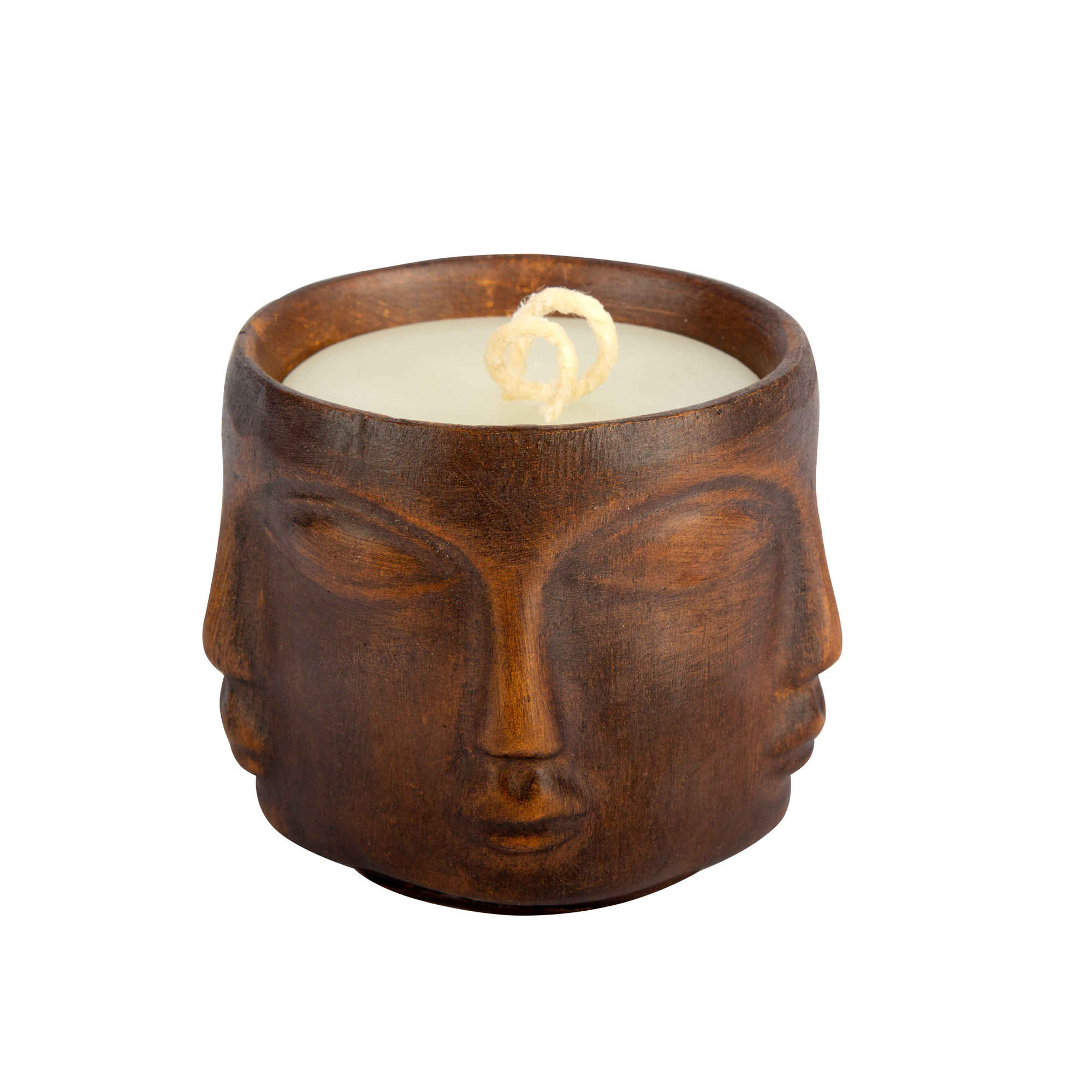 Bougie Décorative en Pot Bois, Durable et Style Rustique avec Motif Visage