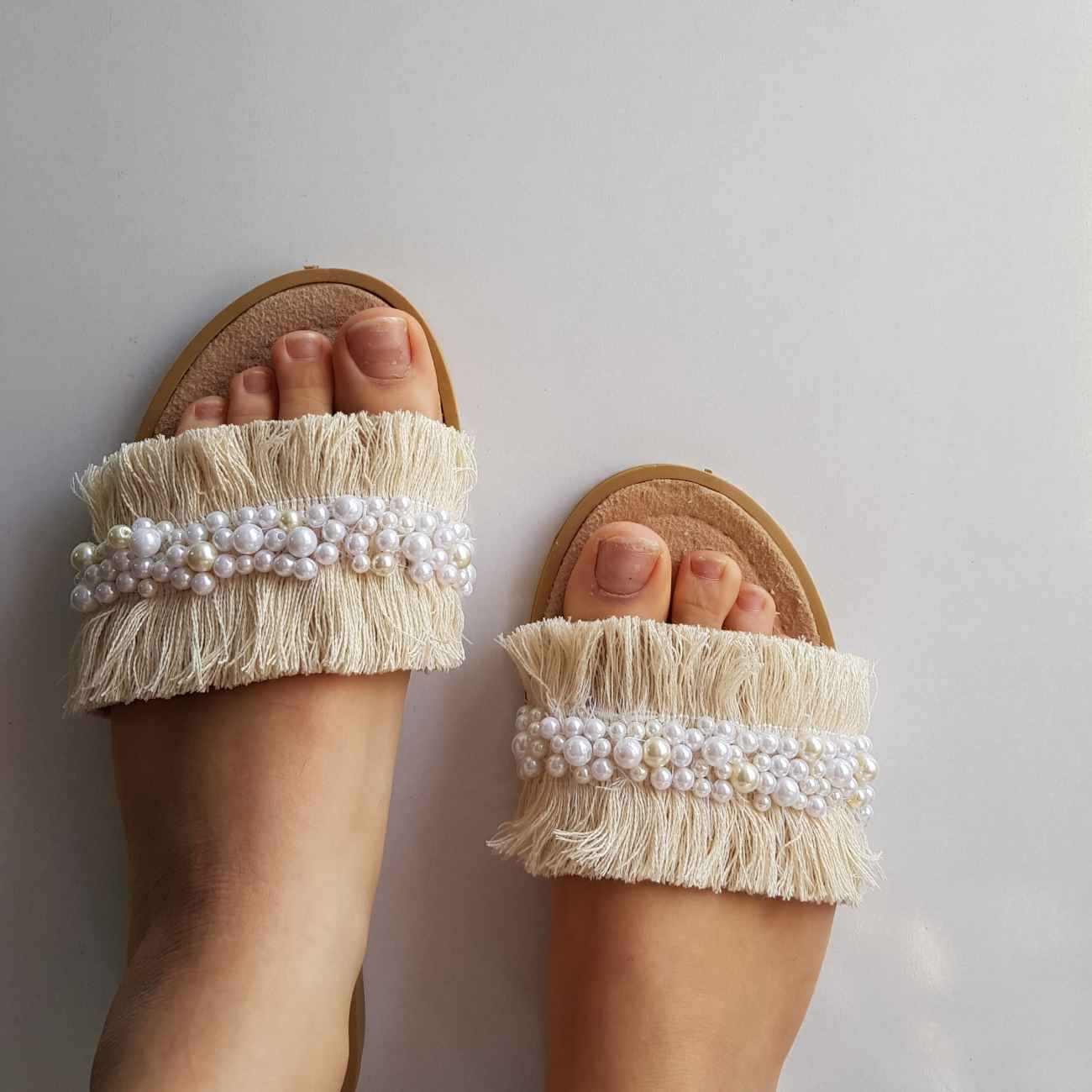 Chausson Macramé Fait Main – Style Bohème, Adapté pour l’Intérieur avec Décor Perles
