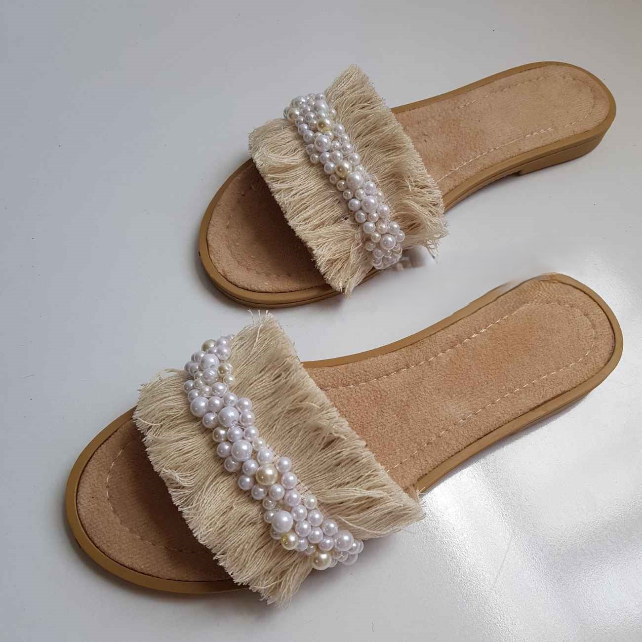 Chausson Macramé Fait Main – Style Bohème, Adapté pour l’Intérieur avec Décor Perles