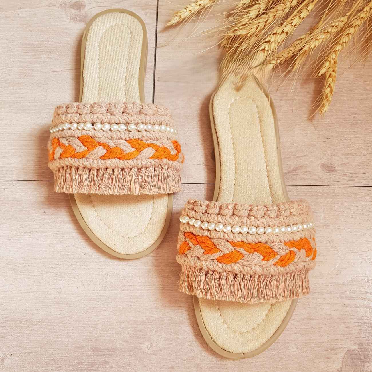 Chaussons en Macramé pour l’Intérieur – Idéal comme Cadeau de Crémaillère avec Perles Orange