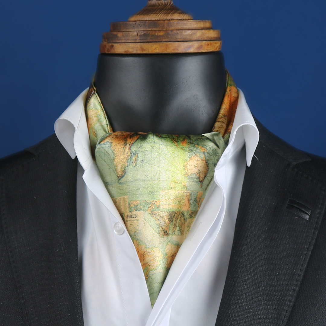 Cravate Ascot élégante – Idéale pour événements et cérémonies avec motif carte du monde en vert