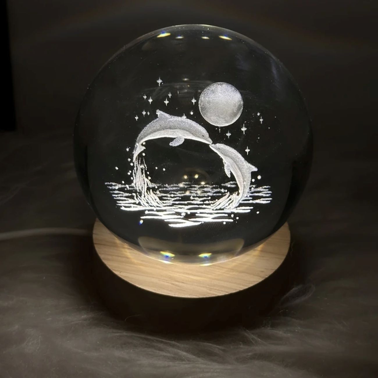 Lampe de Table Globe Cristal 3D, Modèle Romantique Dauphin et Lune