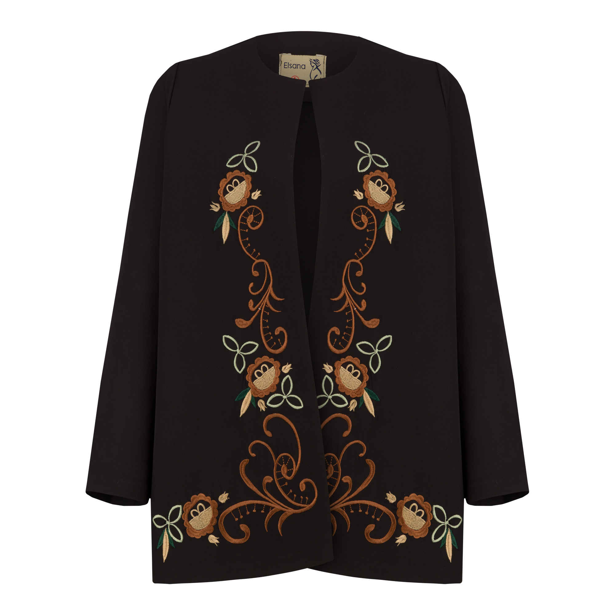 Manteau à encolure ronde avec broderie florale – Idéal pour toutes occasions, noir