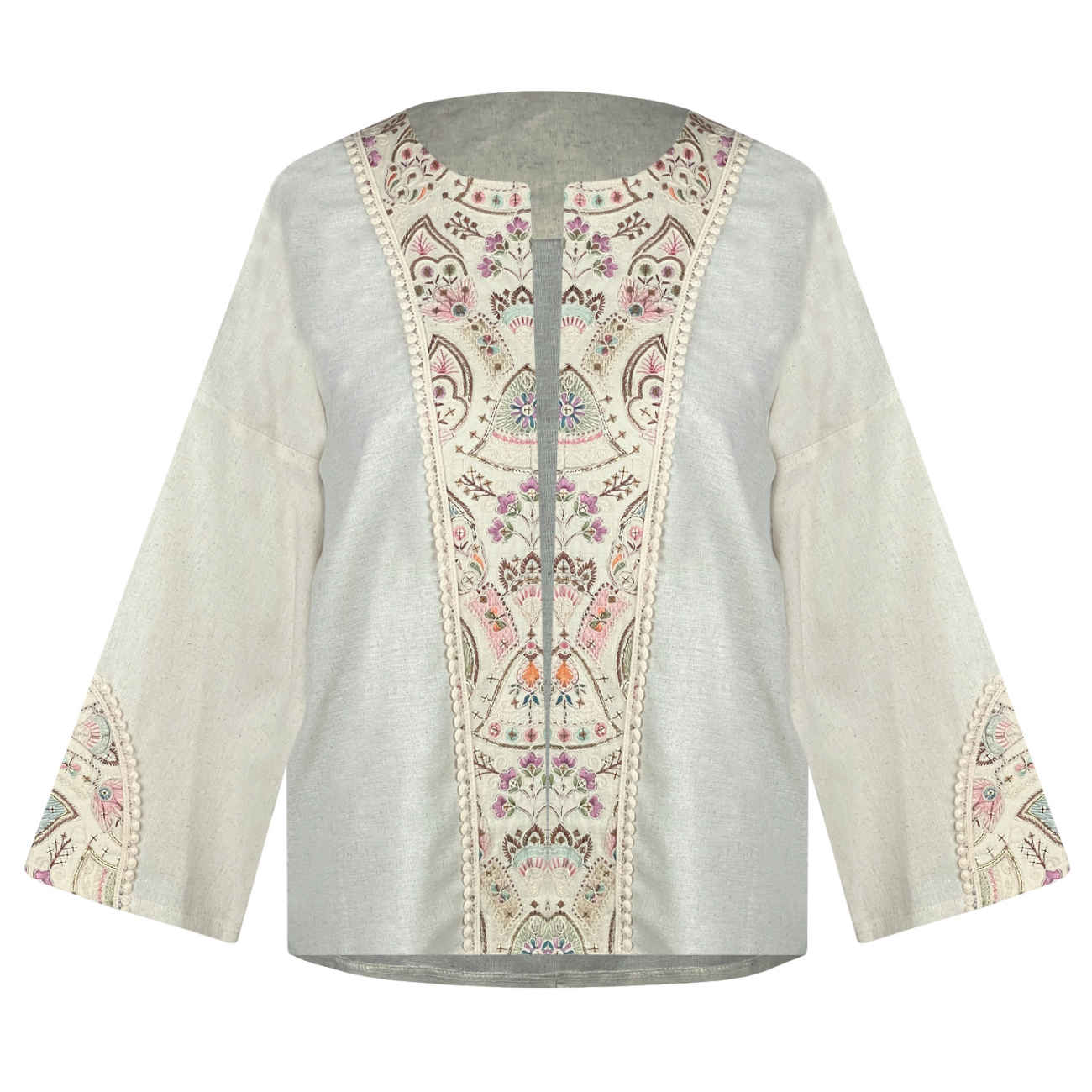 Manteau femme en lin, brodé à la main de sequins, style indien, couleur crèm