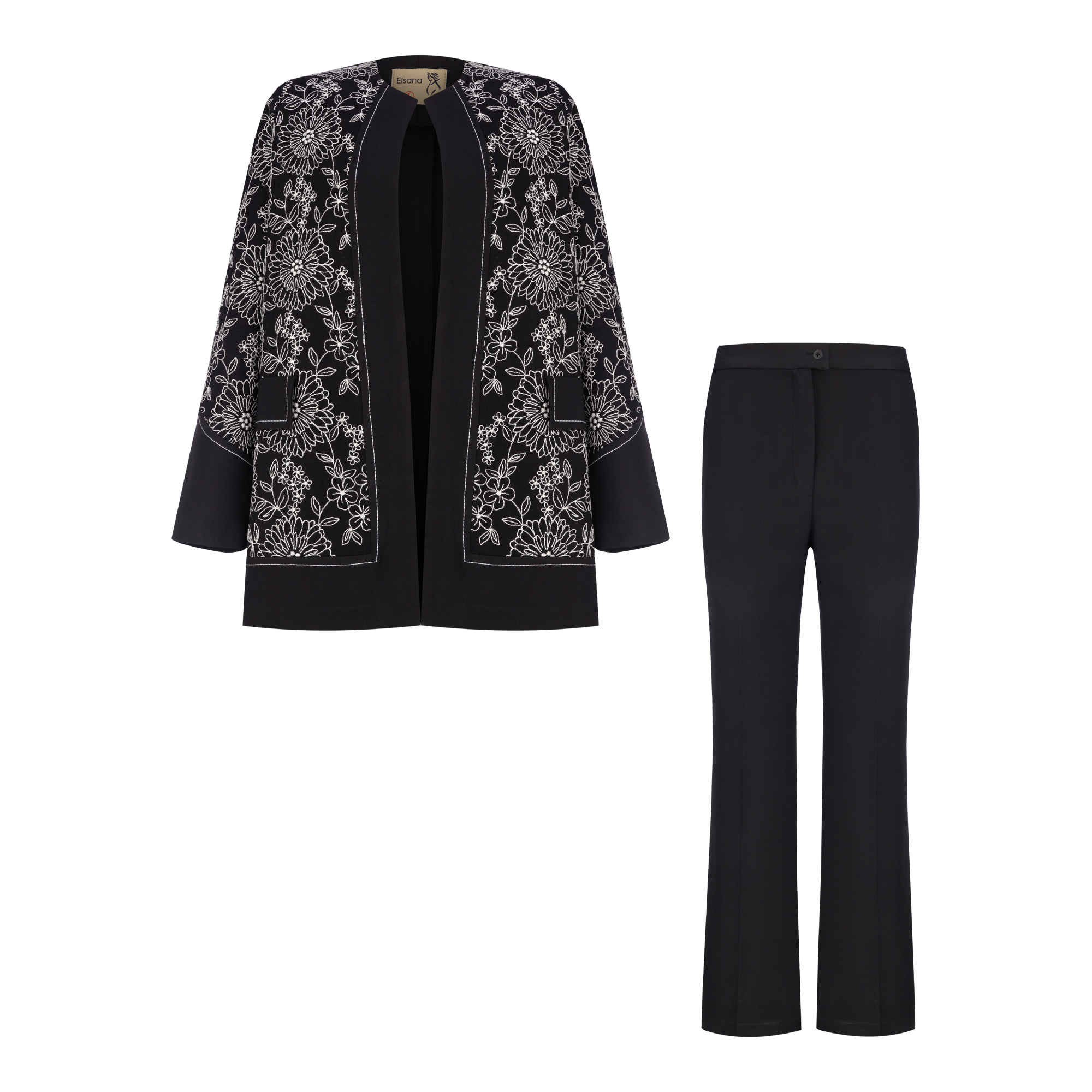 Ensemble Manteau et Pantalon pour femmes, modèle Zanus avec broderie – Noir
