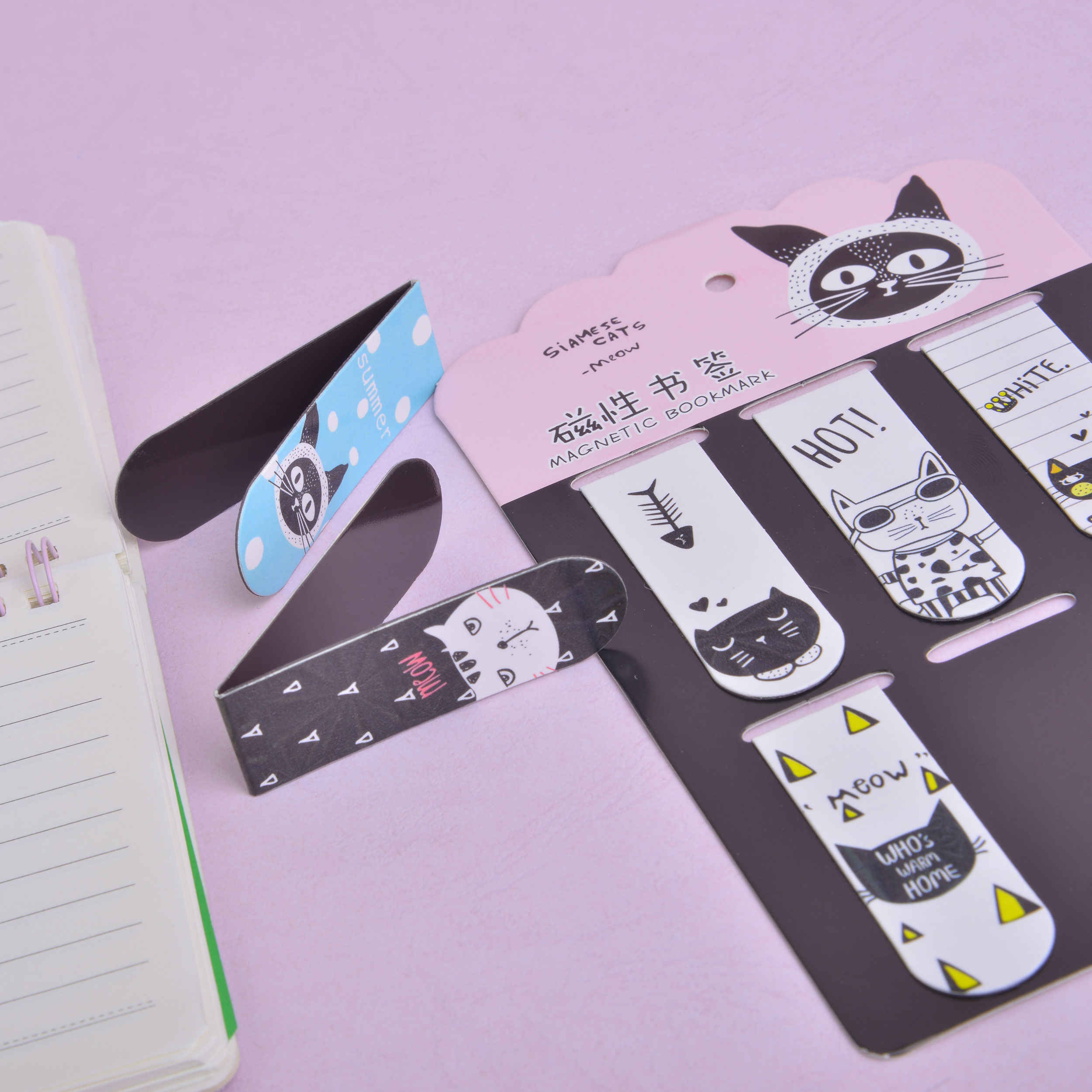 Set de marque-pages magnétiques – idéal comme cadeau, avec design fantaisie chat mignon (x6).