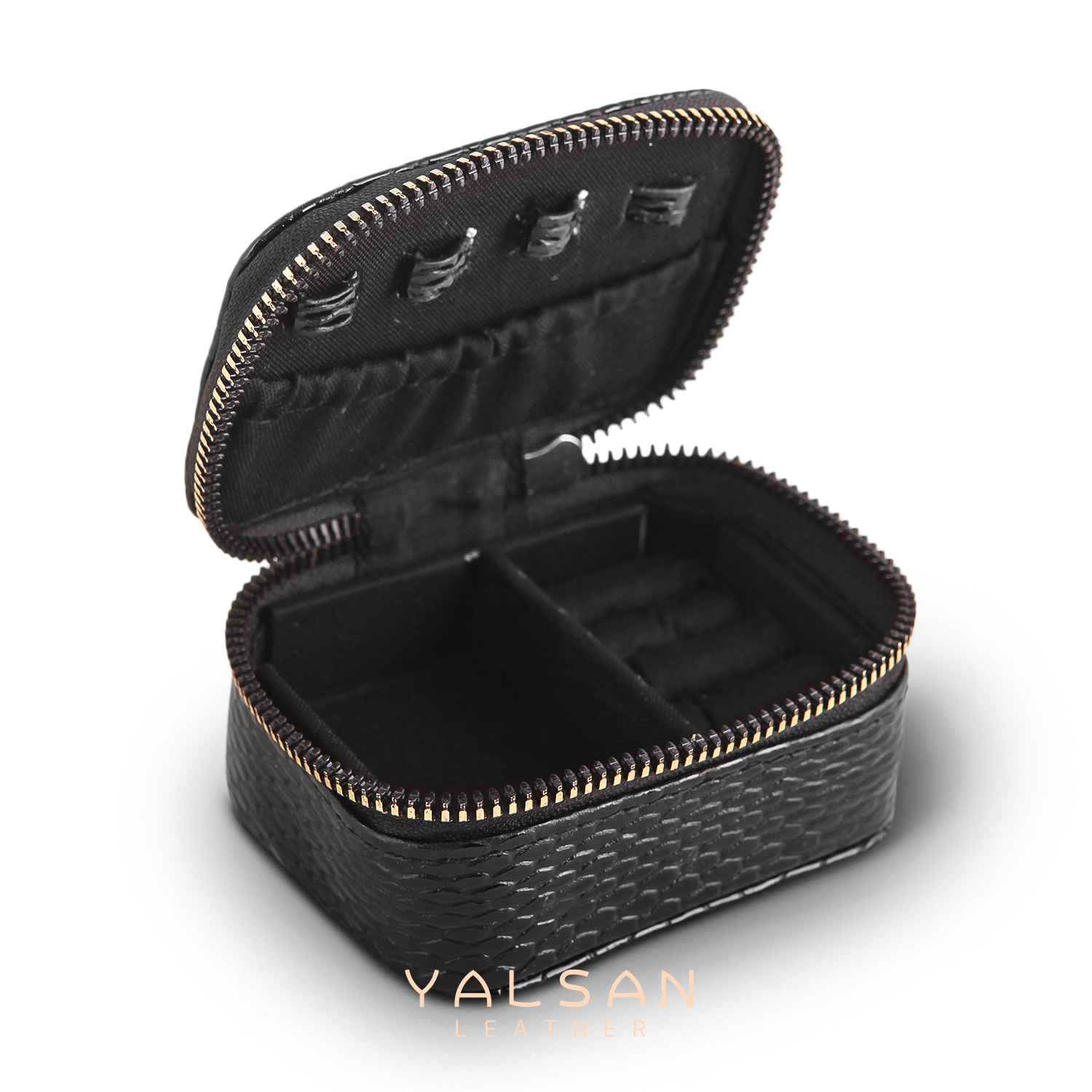 Boîte à bijoux en cuir portable avec compartiments pour bagues et bracelets, noire