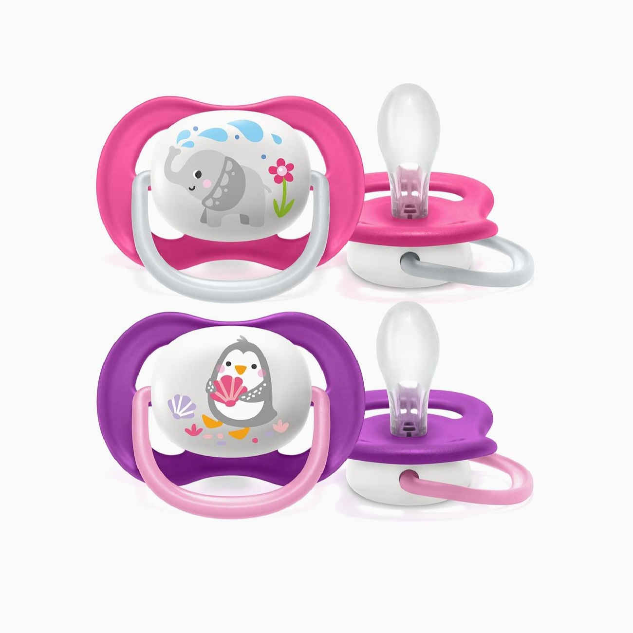 Lot de 2 sucettes orthodontiques Avent – Adorables motifs pingouin et éléphant
