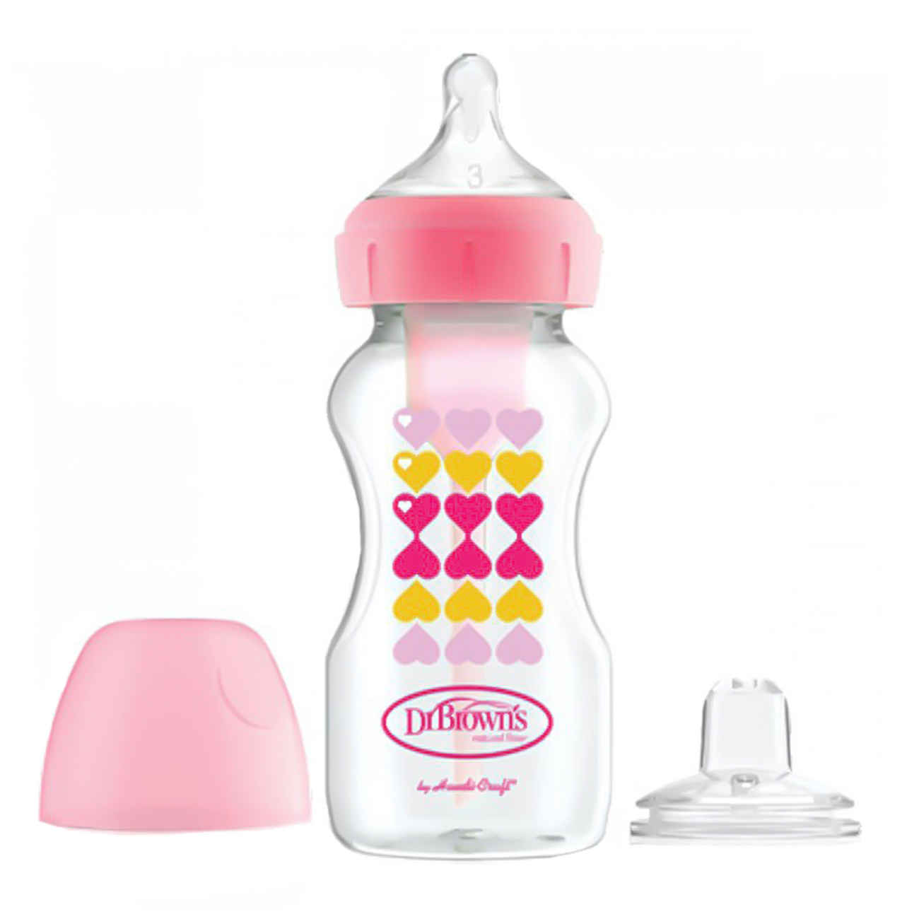 Biberon Bébé Dr. Brown – Rose avec Système Anti-Colique et Bec à Jus – 270 ml