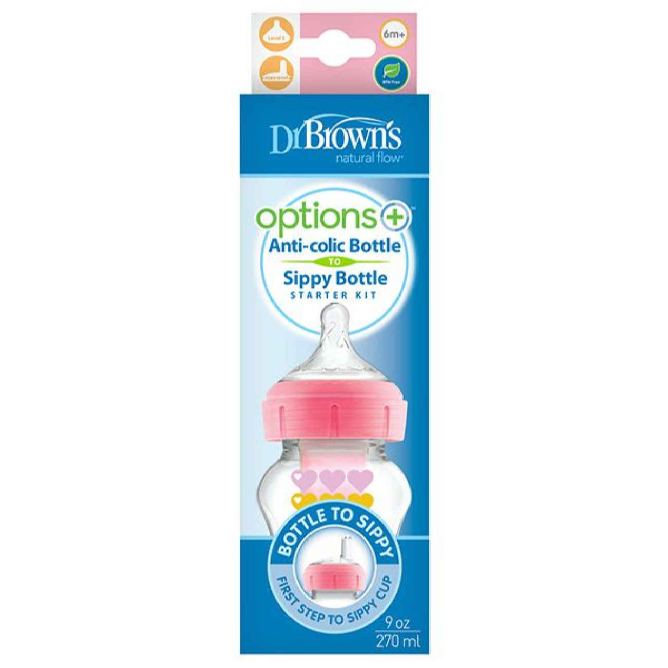 Biberon Bébé Dr. Brown – Rose avec Système Anti-Colique et Bec à Jus – 270 ml