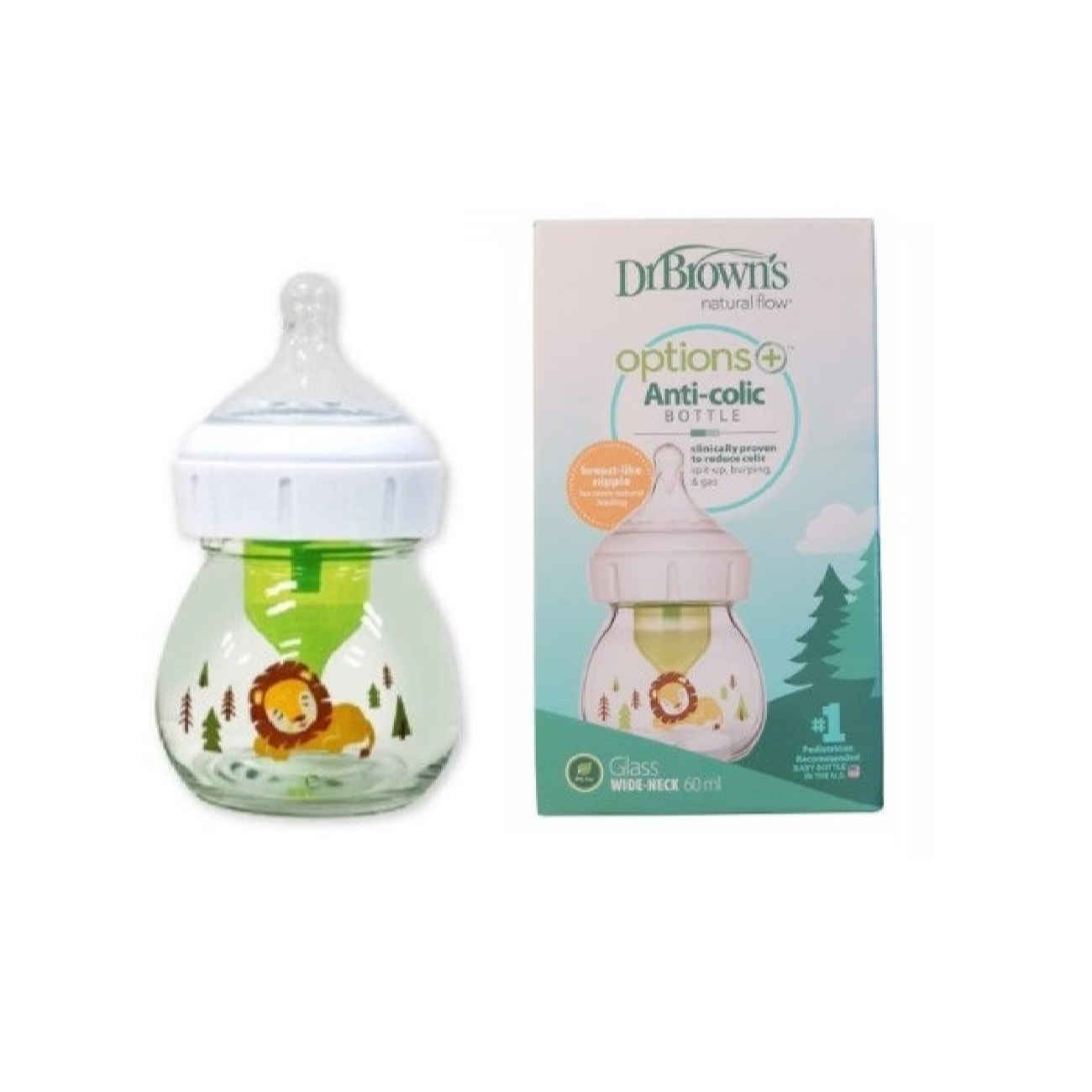 Biberon Bébé en Verre Dr. Brown – Motif Lion de la Jungle – 60 ml