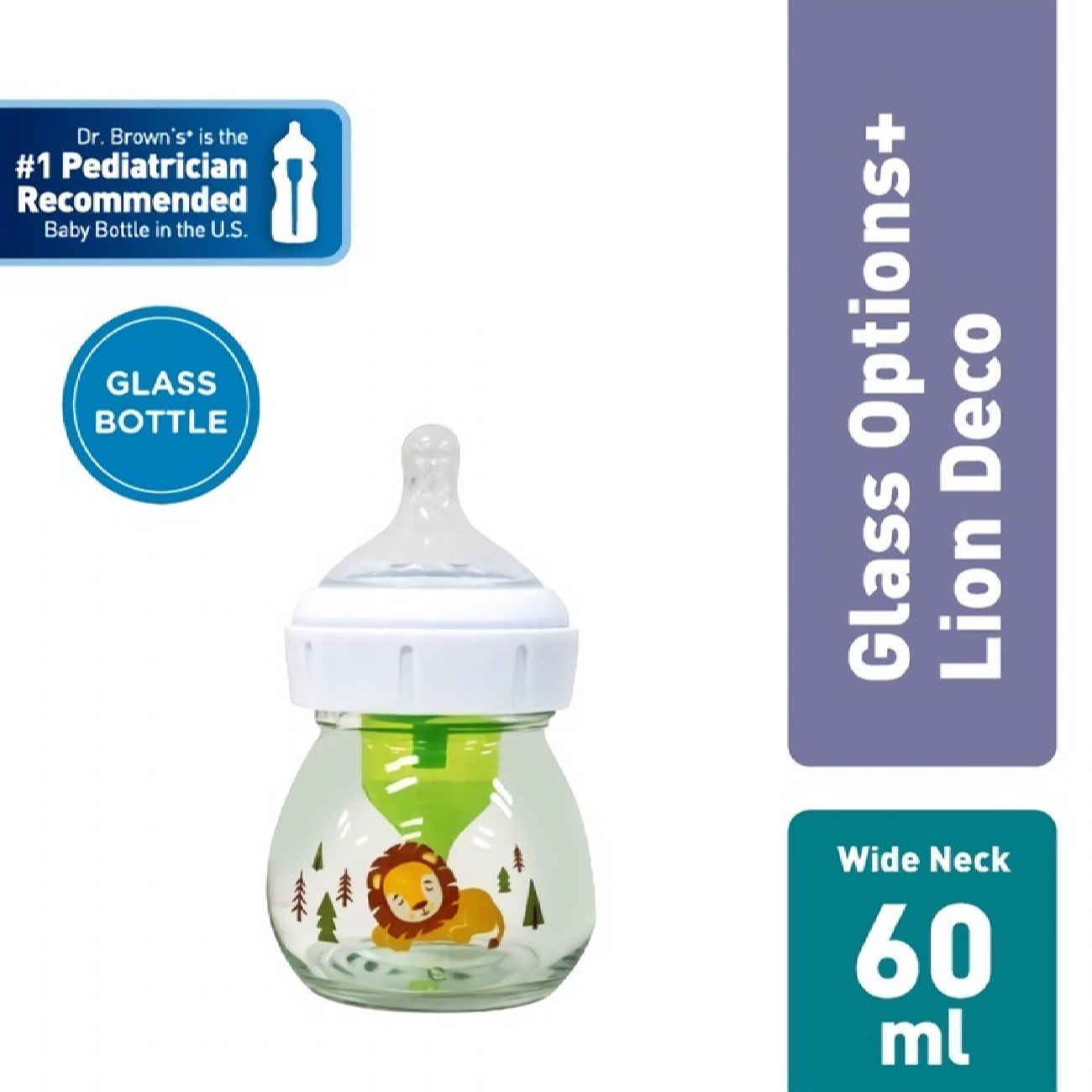 Biberon Bébé en Verre Dr. Brown – Motif Lion de la Jungle – 60 ml