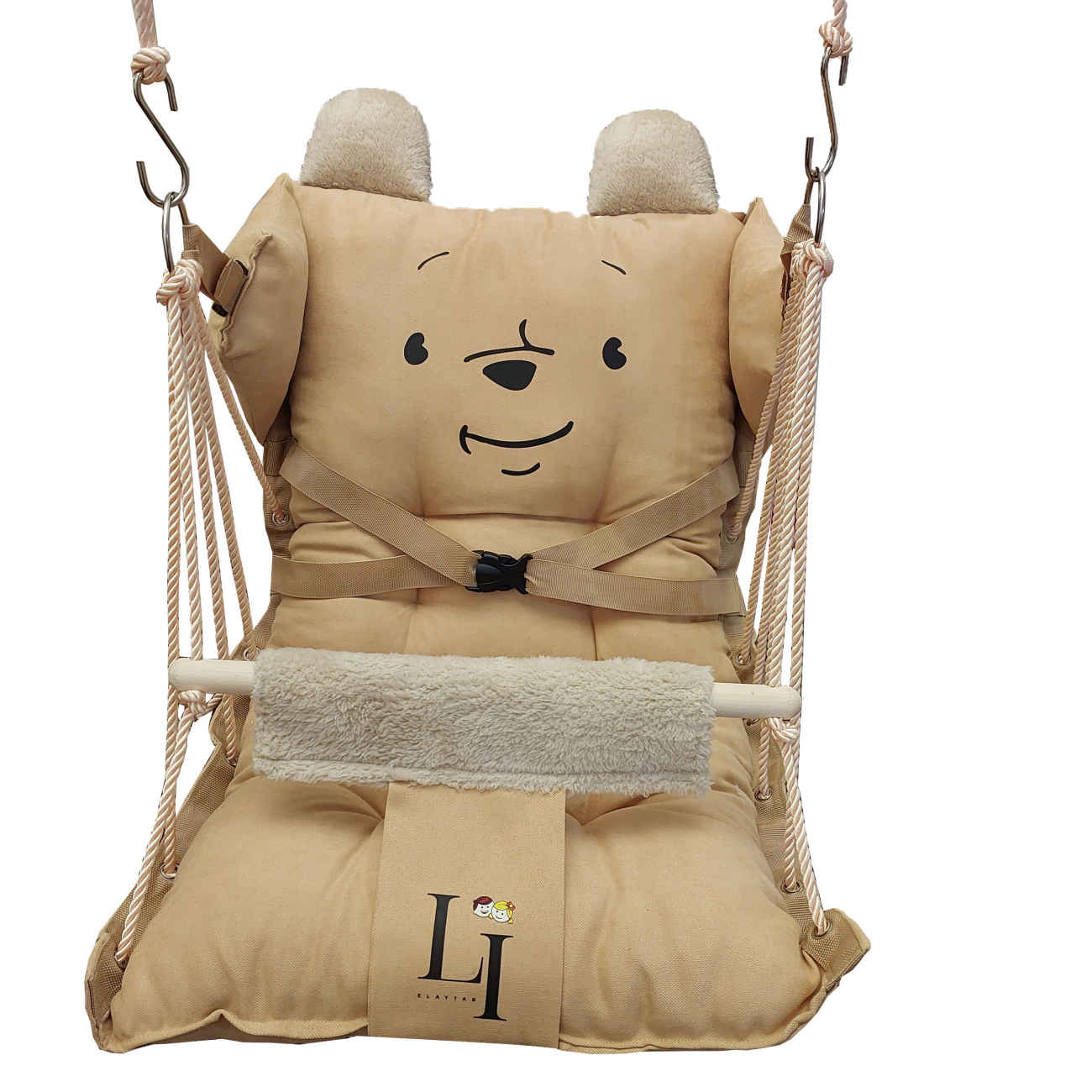 Balancelle Bébé LI – Hamac en Coton Doux avec Motif Ourson, Ceinture de Sécurité et Dossier Réglable