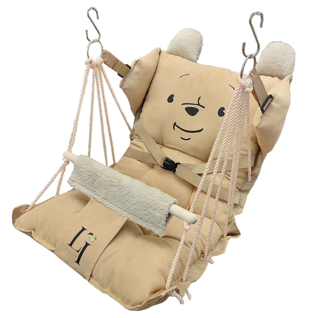 Balancelle Bébé LI – Hamac en Coton Doux avec Motif Ourson, Ceinture de Sécurité et Dossier Réglable