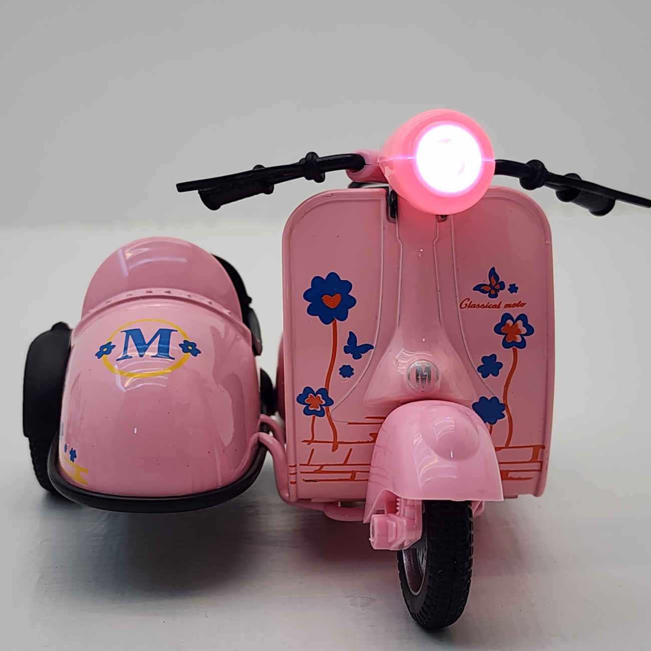 Jouet Vespa avec Side-car NabSell – Scooter Rouge en Métal Moulé, Musical et Lumineux avec Motif Floral Bleu