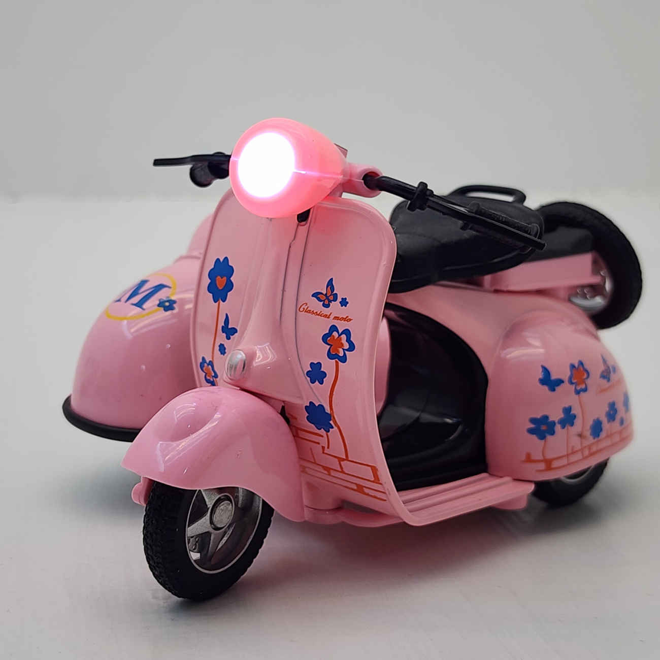Jouet Vespa avec Side-car NabSell – Scooter Rouge en Métal Moulé, Musical et Lumineux avec Motif Floral Bleu