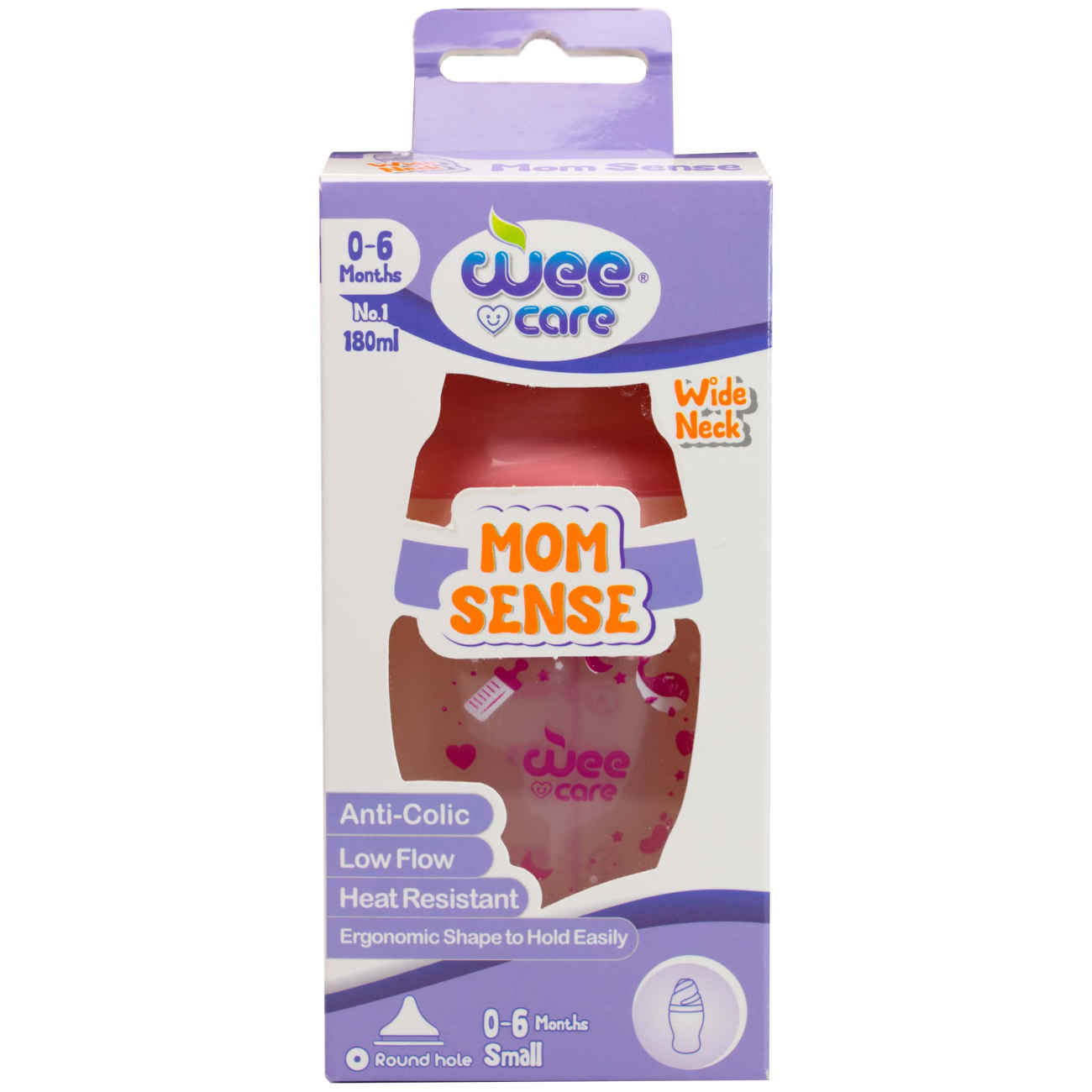 Biberon Bébé Wee Care Modèle Mom Sense à Large Col – Anti-Colique et Sans BPA, 180 ml